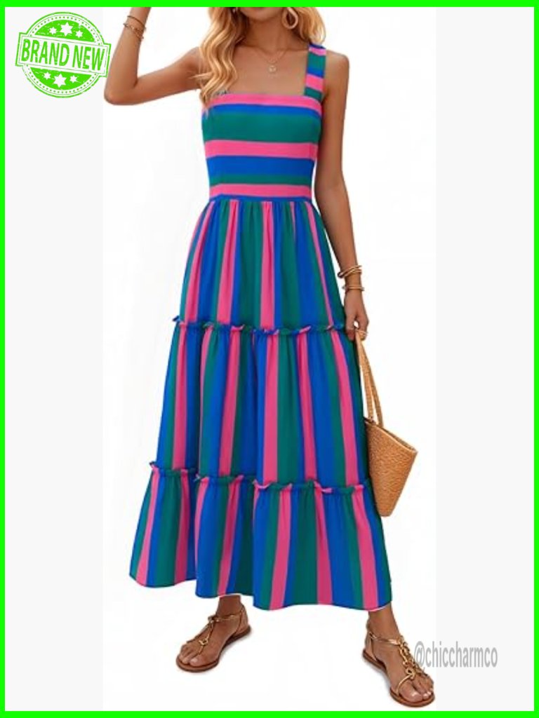 Striped Smocked Maxi Dress Square Neck Sleeveless Beach Boho Flowy Sundress